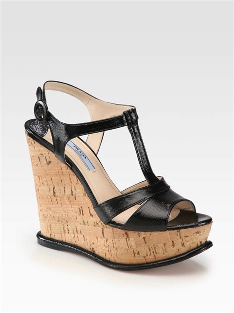 prada leather peep toe espadrille slingback cork wedges|prada high heeled sandals.